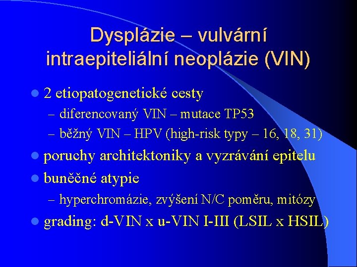 Dysplázie – vulvární intraepiteliální neoplázie (VIN) l 2 etiopatogenetické cesty – diferencovaný VIN –