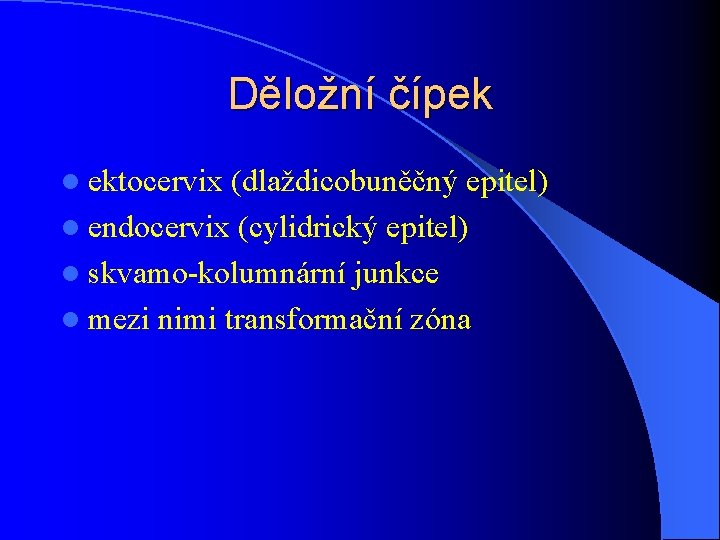 Děložní čípek l ektocervix (dlaždicobuněčný epitel) l endocervix (cylidrický epitel) l skvamo-kolumnární junkce l