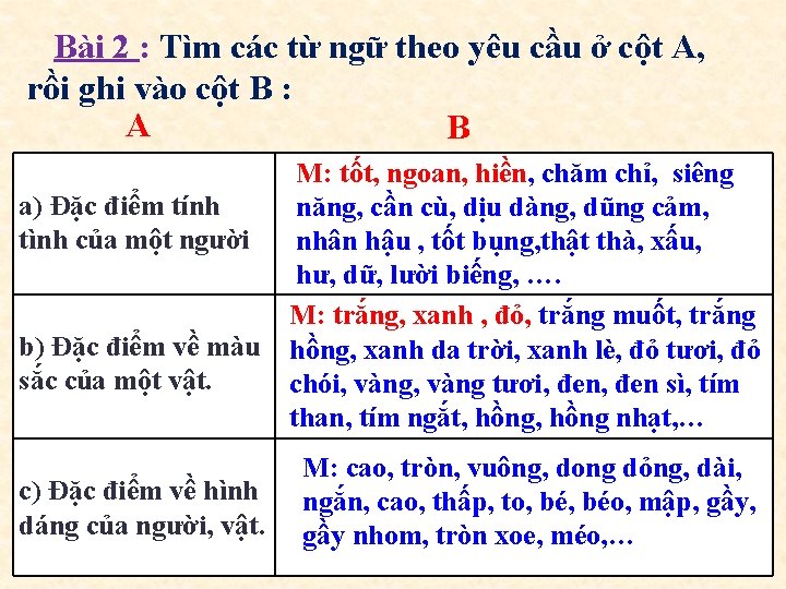 Bài 2 : Tìm các từ ngữ theo yêu cầu ở cột A, rồi