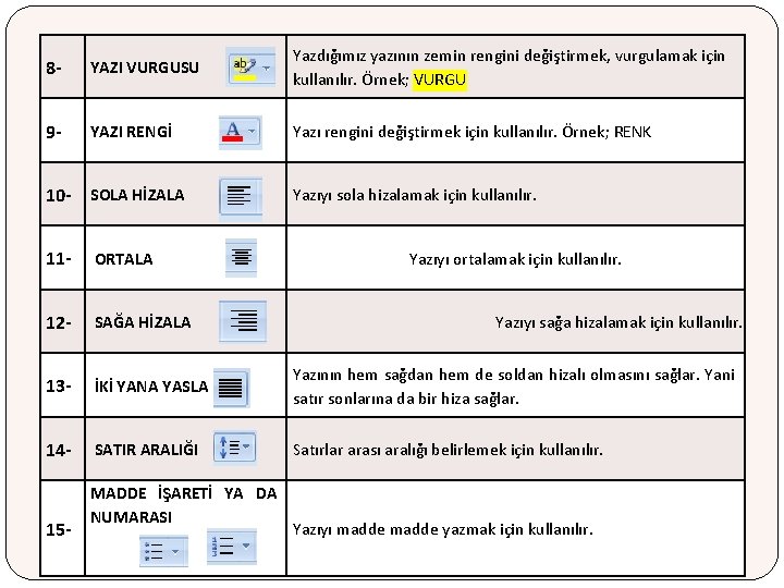 8 - YAZI VURGUSU Yazdığımız yazının zemin rengini değiştirmek, vurgulamak için kullanılır. Örnek; VURGU