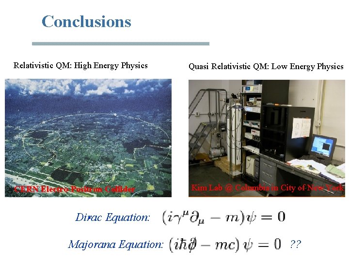 Conclusions Relativistic QM: High Energy Physics CERN Electro-Positron Collider Quasi Relativistic QM: Low Energy