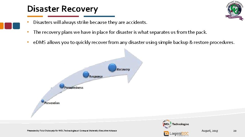 Disaster Recovery • Disasters will always strike because they are accidents. • The recovery