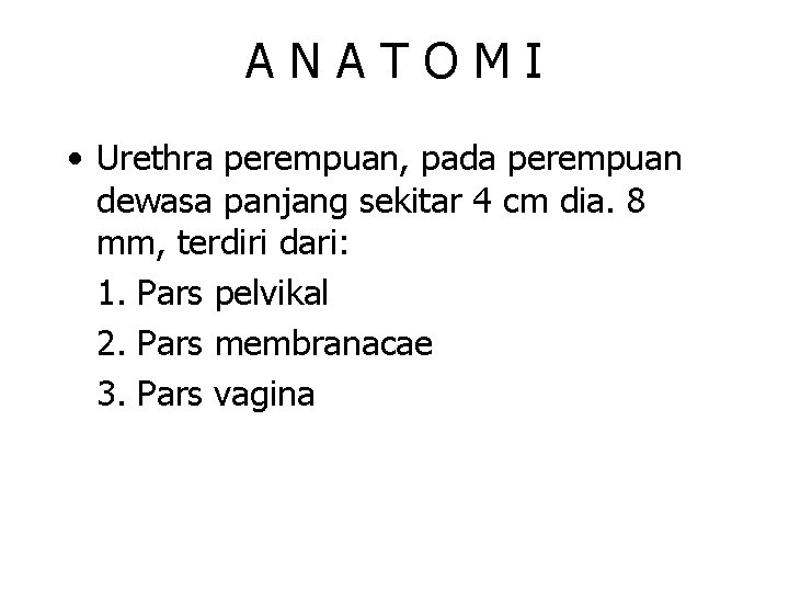 ANATOMI • Urethra perempuan, pada perempuan dewasa panjang sekitar 4 cm dia. 8 mm,