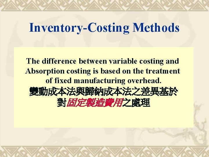 Inventory-Costing Methods The difference between variable costing and Absorption costing is based on the