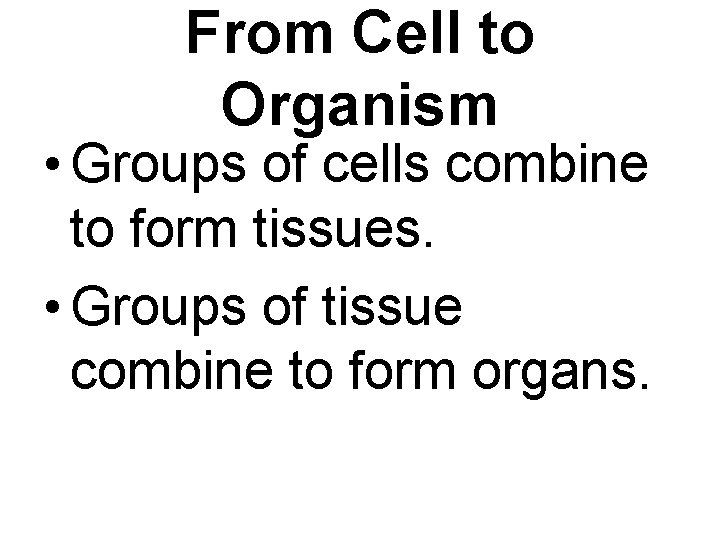 From Cell to Organism • Groups of cells combine to form tissues. • Groups