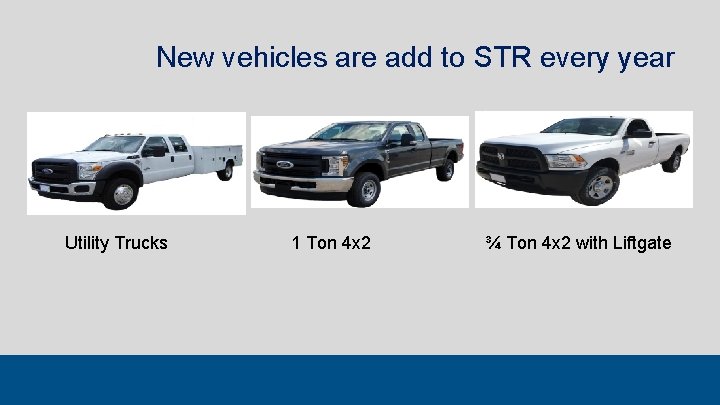 New vehicles are add to STR every year Utility Trucks 1 Ton 4 x