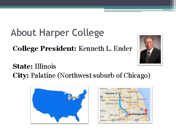 About Harper College President: Kenneth L. Ender State: Illinois City: Palatine (Northwest suburb of