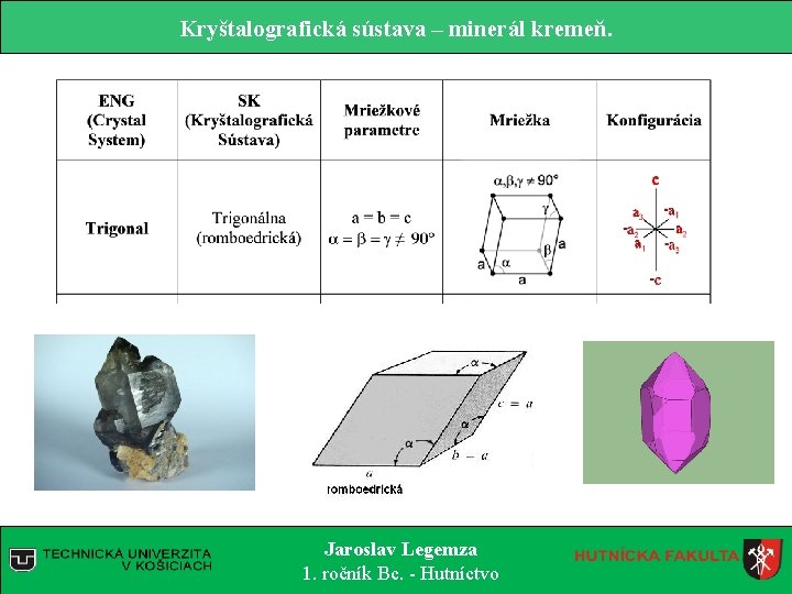 Kryštalografická sústava – minerál kremeň. Jaroslav Legemza 1. ročník Bc. - Hutníctvo 