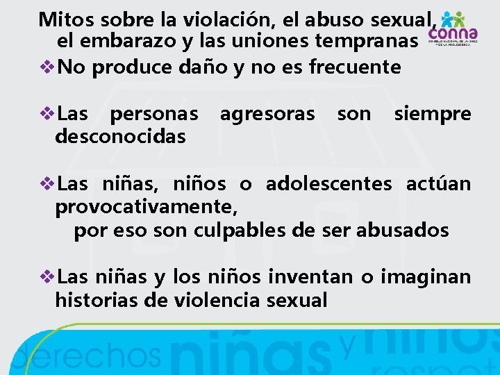 Mitos sobre la violación, el abuso sexual, el embarazo y las uniones tempranas v.