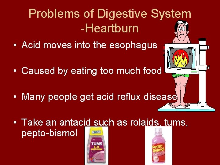 Problems of Digestive System -Heartburn • Acid moves into the esophagus • Caused by