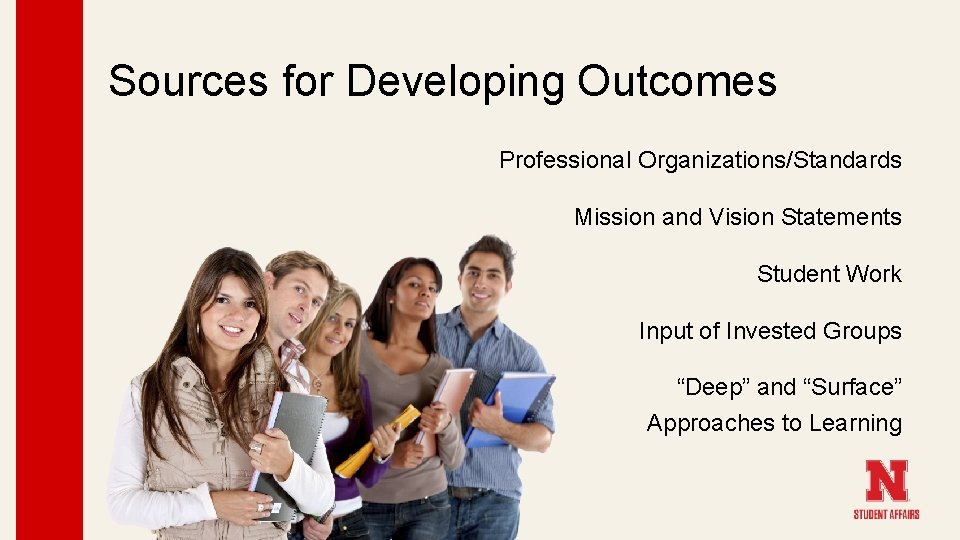 Sources for Developing Outcomes Professional Organizations/Standards Mission and Vision Statements Student Work Input of