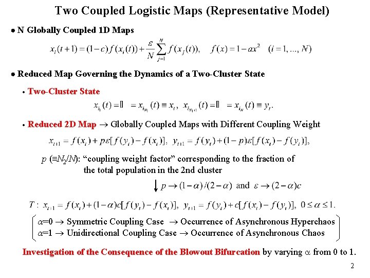 Two Coupled Logistic Maps (Representative Model) N Globally Coupled 1 D Maps Reduced Map