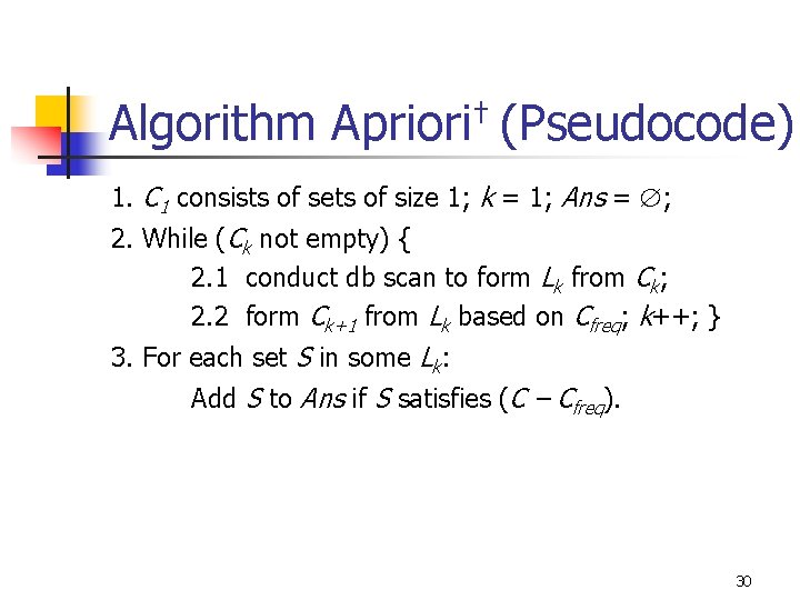 Algorithm Apriori† (Pseudocode) 1. C 1 consists of sets of size 1; k =