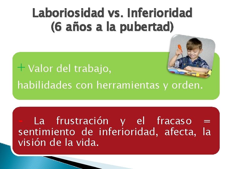 Laboriosidad vs. Inferioridad (6 años a la pubertad) + Valor del trabajo, habilidades con