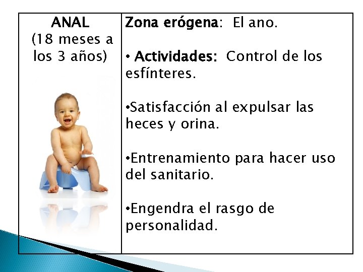 ANAL Zona erógena: El ano. (18 meses a los 3 años) • Actividades: Control