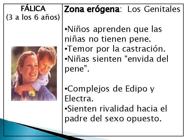 FÁLICA Zona erógena: Los Genitales (3 a los 6 años) • Niños aprenden que