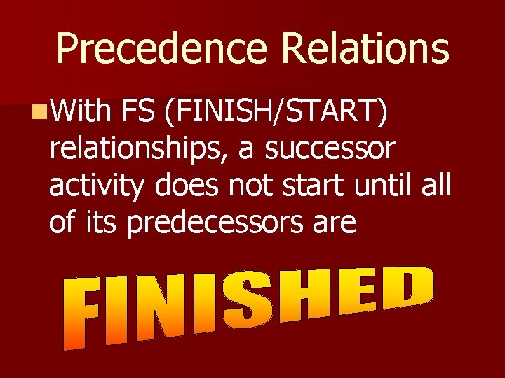 Precedence Relations n. With FS (FINISH/START) relationships, a successor activity does not start until