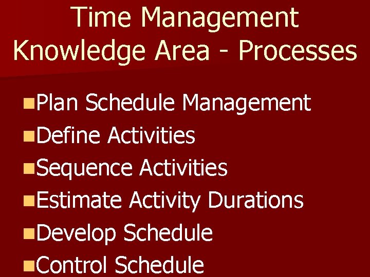 Time Management Knowledge Area - Processes n. Plan Schedule Management n. Define Activities n.