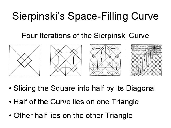 Sierpinski’s Space-Filling Curve Four Iterations of the Sierpinski Curve • Slicing the Square into