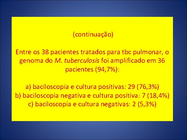 (continuação) Entre os 38 pacientes tratados para tbc pulmonar, o genoma do M. tuberculosis