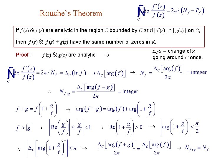 Rouche’s Theorem If f (z) & g(z) are analytic in the region R bounded