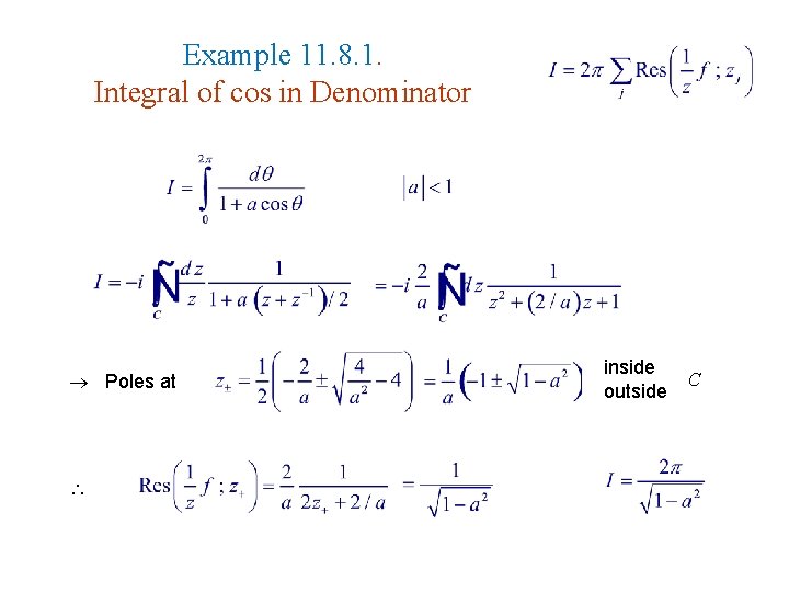 Example 11. 8. 1. Integral of cos in Denominator Poles at inside C outside