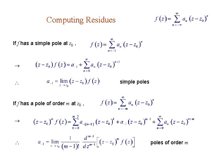 Computing Residues If f has a simple pole at z 0 , simple poles