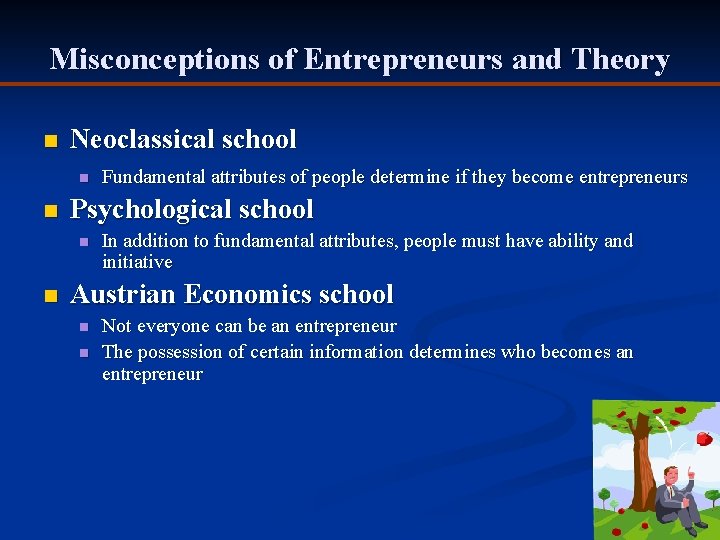 Misconceptions of Entrepreneurs and Theory n Neoclassical school n n Psychological school n n