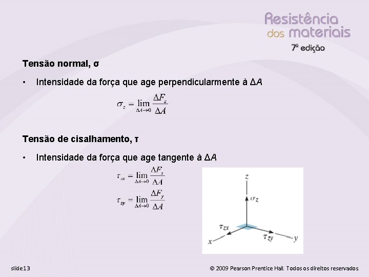 Tensão normal, σ • Intensidade da força que age perpendicularmente à ΔA Tensão de