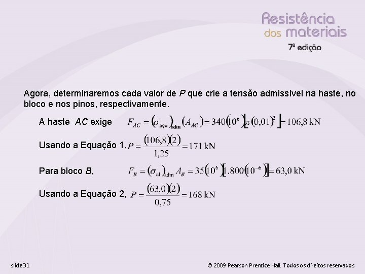 Agora, determinaremos cada valor de P que crie a tensão admissível na haste, no