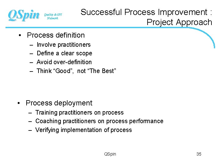 QSpin Quality & SPI Network Successful Process Improvement : Project Approach • Process definition