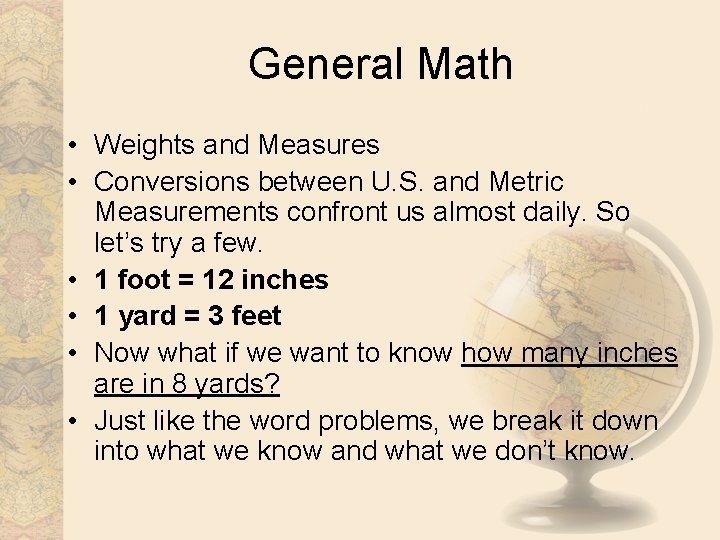 General Math • Weights and Measures • Conversions between U. S. and Metric Measurements