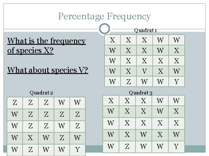 Percentage Frequency Quadrat 1 What is the frequency of species X? What about species Percentage Frequency Quadrat 1 What is the frequency of species X? What about species