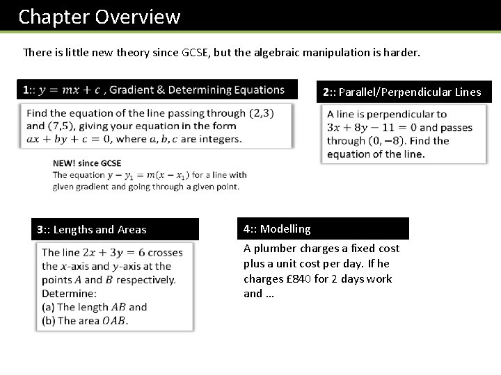 Chapter Overview There is little new theory since GCSE, but the algebraic manipulation is