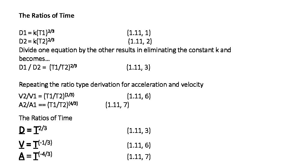 The Ratios of Time D 1 = k(T 1)2/3 (1. 11, 1) D 2