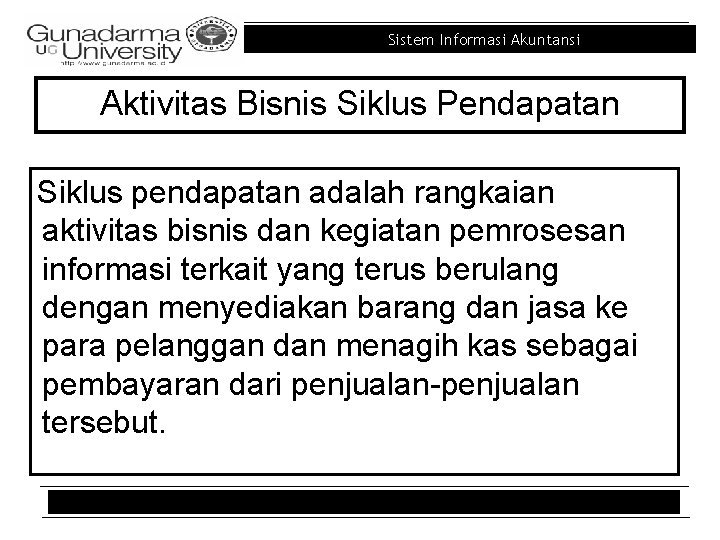 Sistem Informasi Akuntansi Aktivitas Bisnis Siklus Pendapatan Siklus pendapatan adalah rangkaian aktivitas bisnis dan