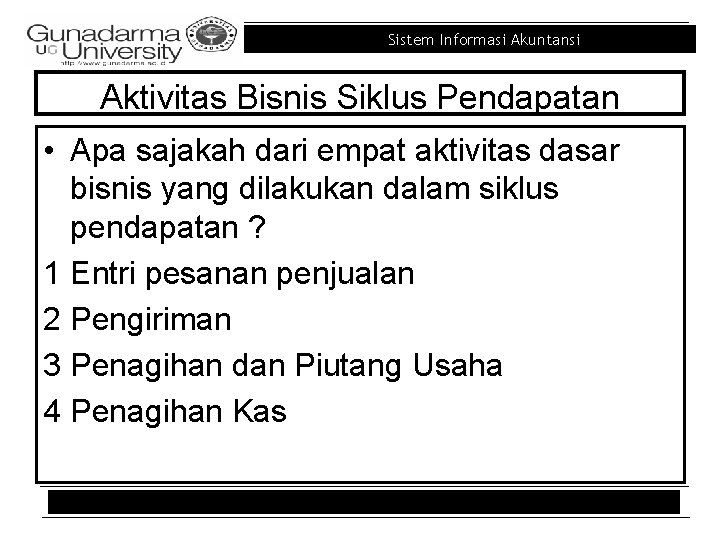 Sistem Informasi Akuntansi Aktivitas Bisnis Siklus Pendapatan • Apa sajakah dari empat aktivitas dasar