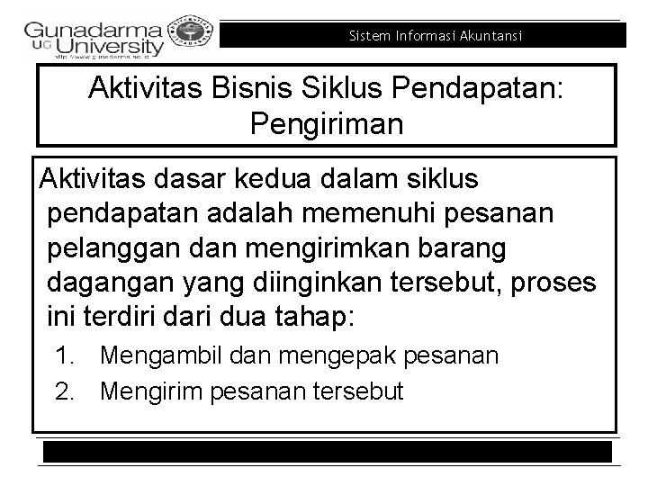 Sistem Informasi Akuntansi Aktivitas Bisnis Siklus Pendapatan: Pengiriman Aktivitas dasar kedua dalam siklus pendapatan