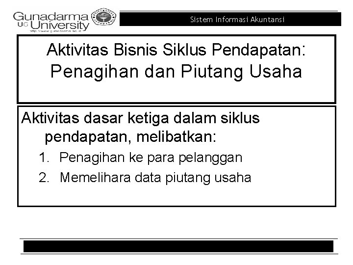 Sistem Informasi Akuntansi Aktivitas Bisnis Siklus Pendapatan: Penagihan dan Piutang Usaha Aktivitas dasar ketiga