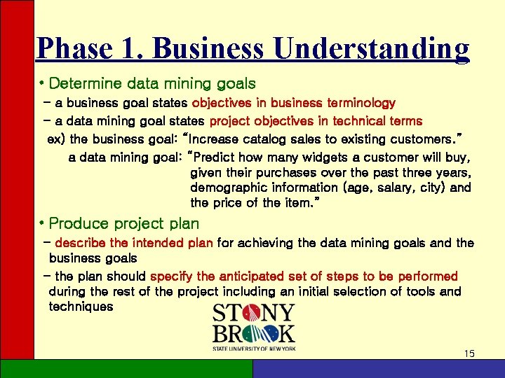 Phase 1. Business Understanding • Determine data mining goals - a business goal states Phase 1. Business Understanding • Determine data mining goals - a business goal states