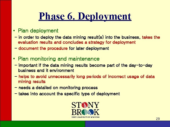 Phase 6. Deployment • Plan deployment - in order to deploy the data mining Phase 6. Deployment • Plan deployment - in order to deploy the data mining