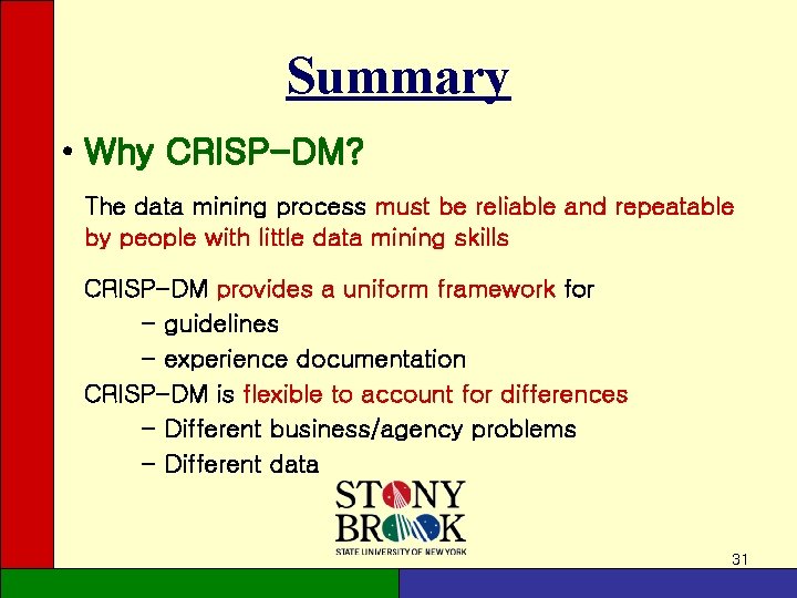 Summary • Why CRISP-DM? The data mining process must be reliable and repeatable by Summary • Why CRISP-DM? The data mining process must be reliable and repeatable by