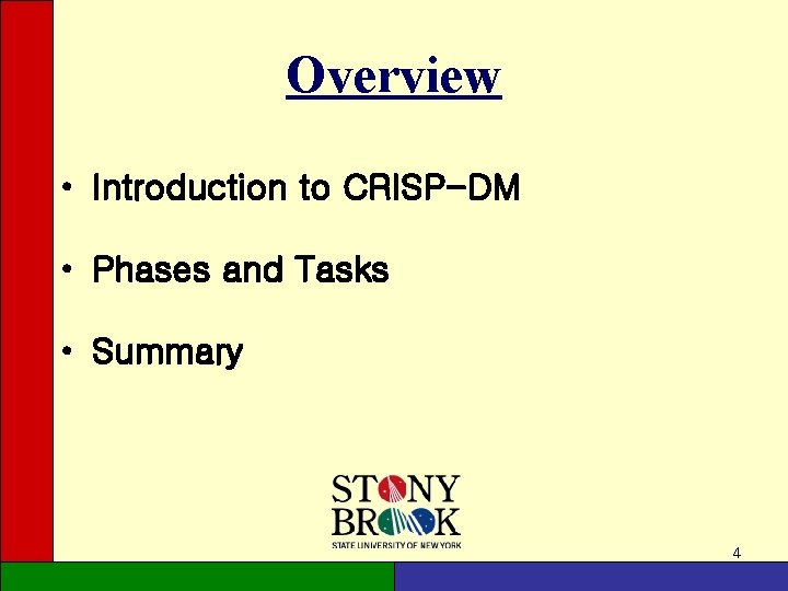 Overview • Introduction to CRISP-DM • Phases and Tasks • Summary 4 Overview • Introduction to CRISP-DM • Phases and Tasks • Summary 4