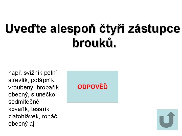 Uveďte alespoň čtyři zástupce brouků. např. svižník polní, střevlík, potápník vroubený, hrobařík obecný, slunéčko