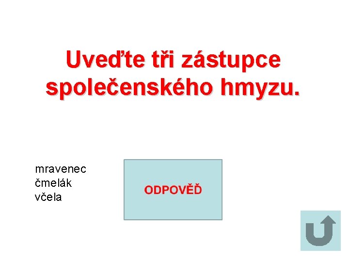 Uveďte tři zástupce společenského hmyzu. mravenec čmelák včela 