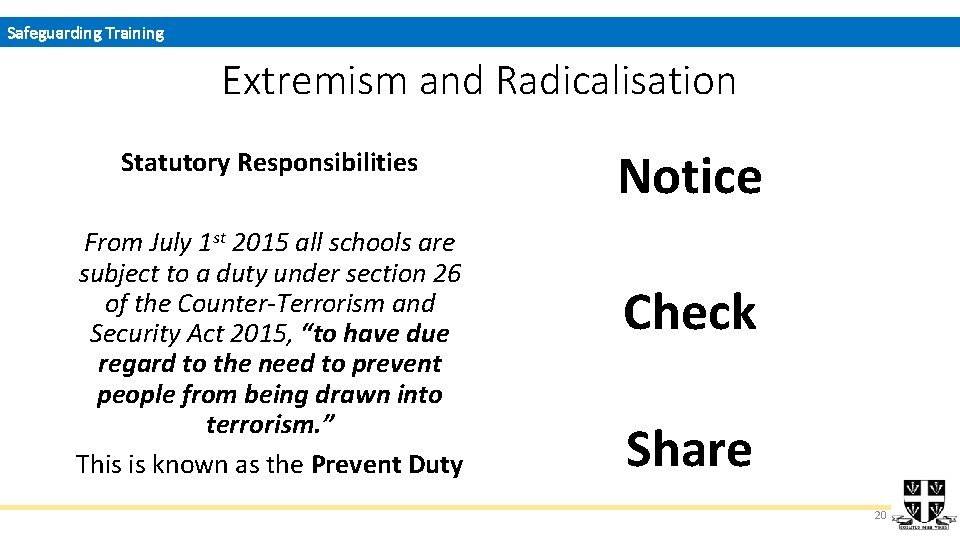 Safeguarding Training Extremism and Radicalisation Statutory Responsibilities From July 1 st 2015 all schools