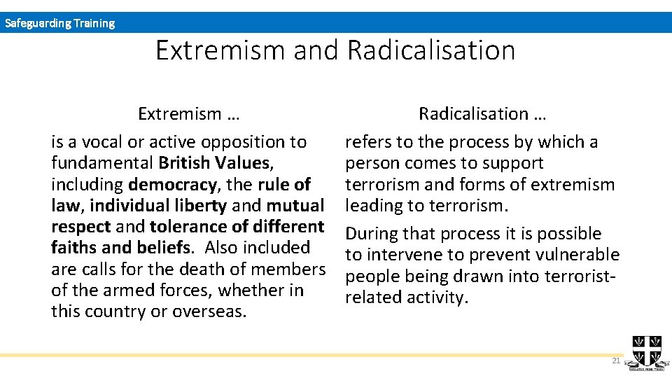 Safeguarding Training Extremism and Radicalisation Extremism … is a vocal or active opposition to