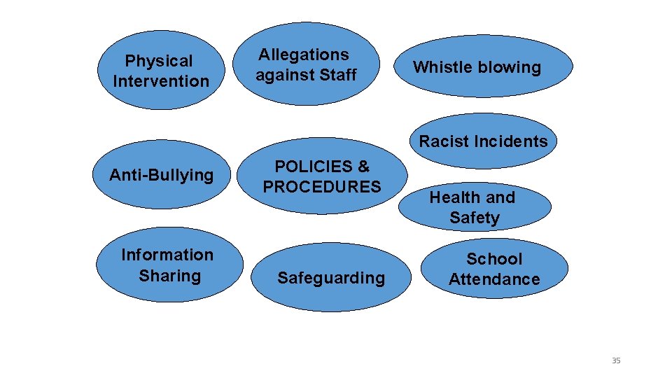 Physical Intervention Allegations against Staff Whistle blowing Racist Incidents Anti-Bullying Information Sharing POLICIES &