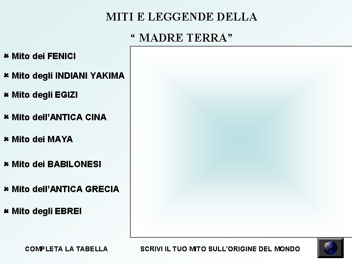 MITI E LEGGENDE DELLA “ MADRE TERRA” Mito dei FENICI Mito degli INDIANI YAKIMA