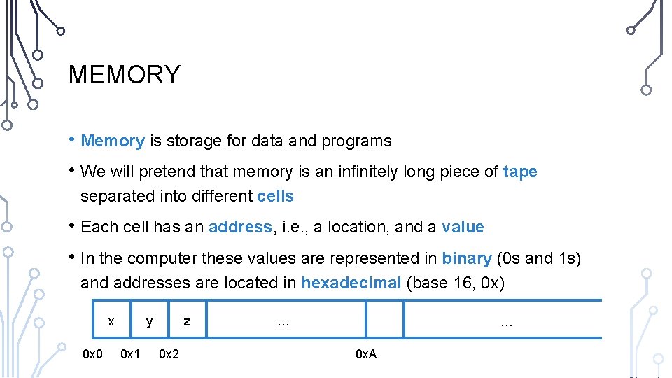 MEMORY • Memory is storage for data and programs • We will pretend that